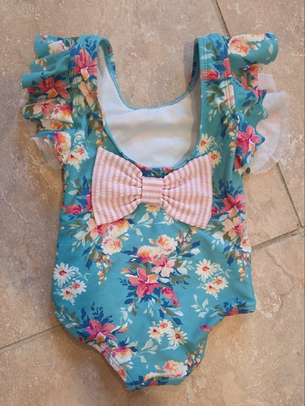 Ruffle Butts Teal Floral Ruffle Sleeve One-Piece